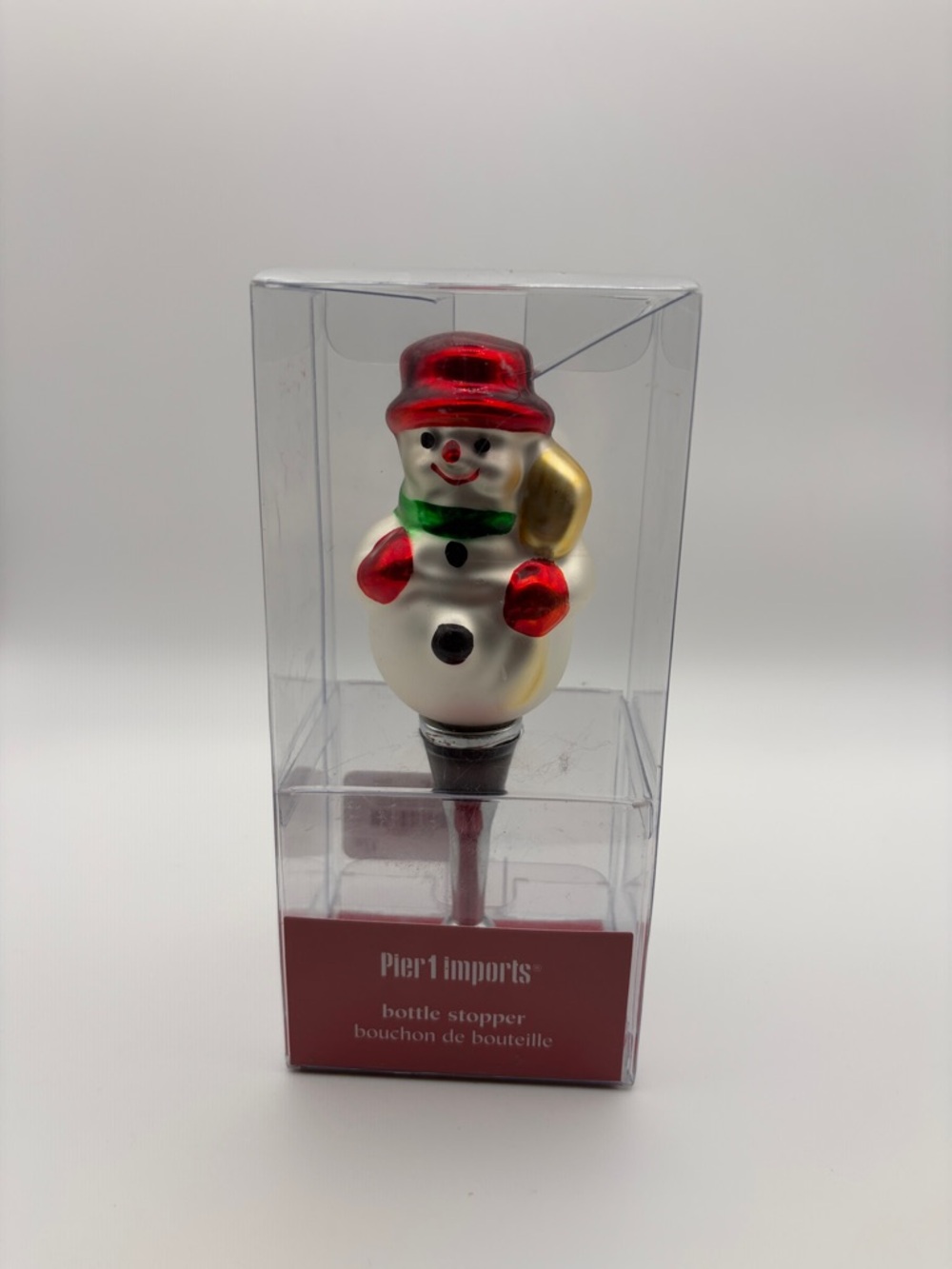 Pier 1 Snowman Bottle Stopper in White, Red, Green & Gold